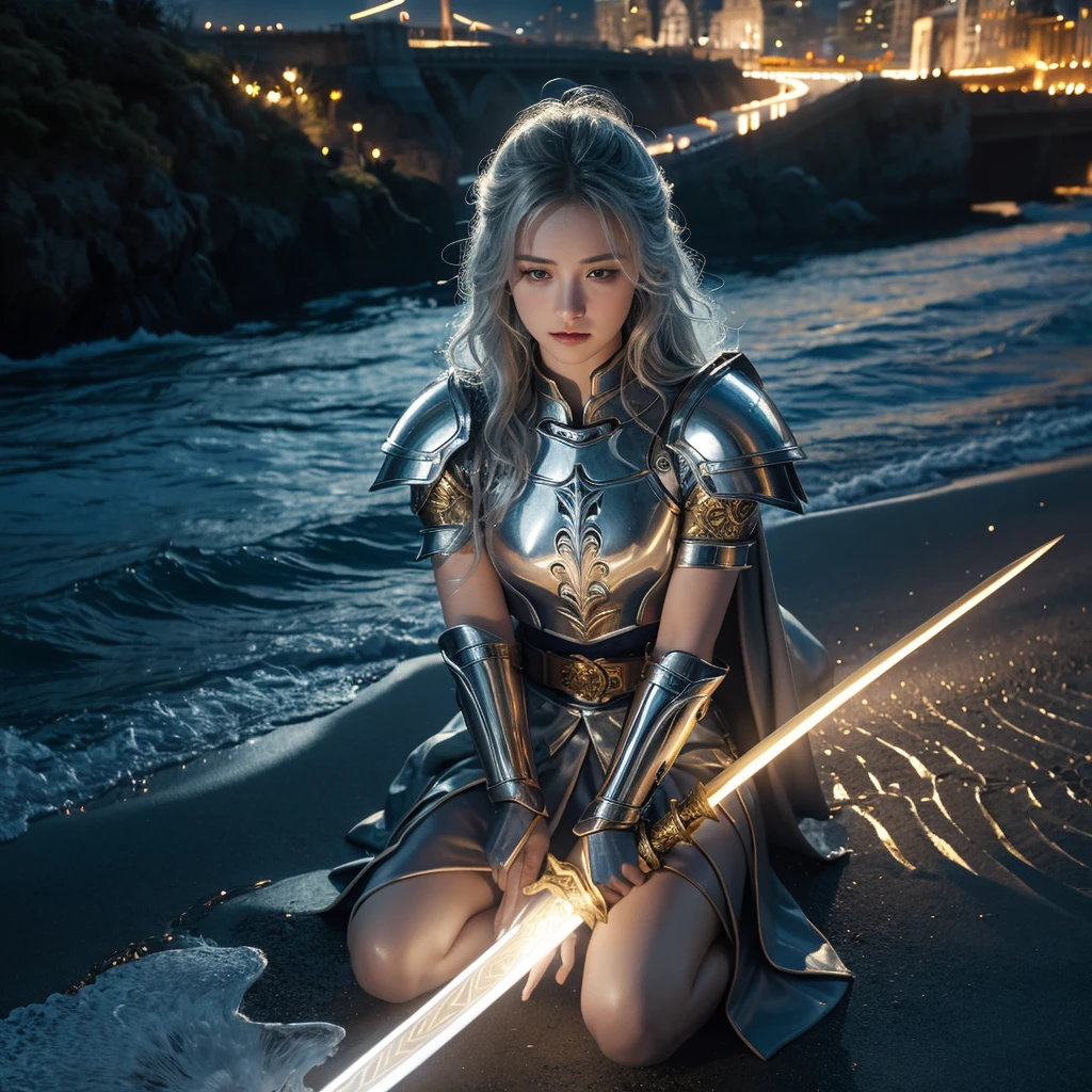 (masterpiece, Highest quality), Paladin with a sword imbued with light, The magic of light, Sacred, Wave, Silver and gold, 4K, dark cityscape, Fujifilm