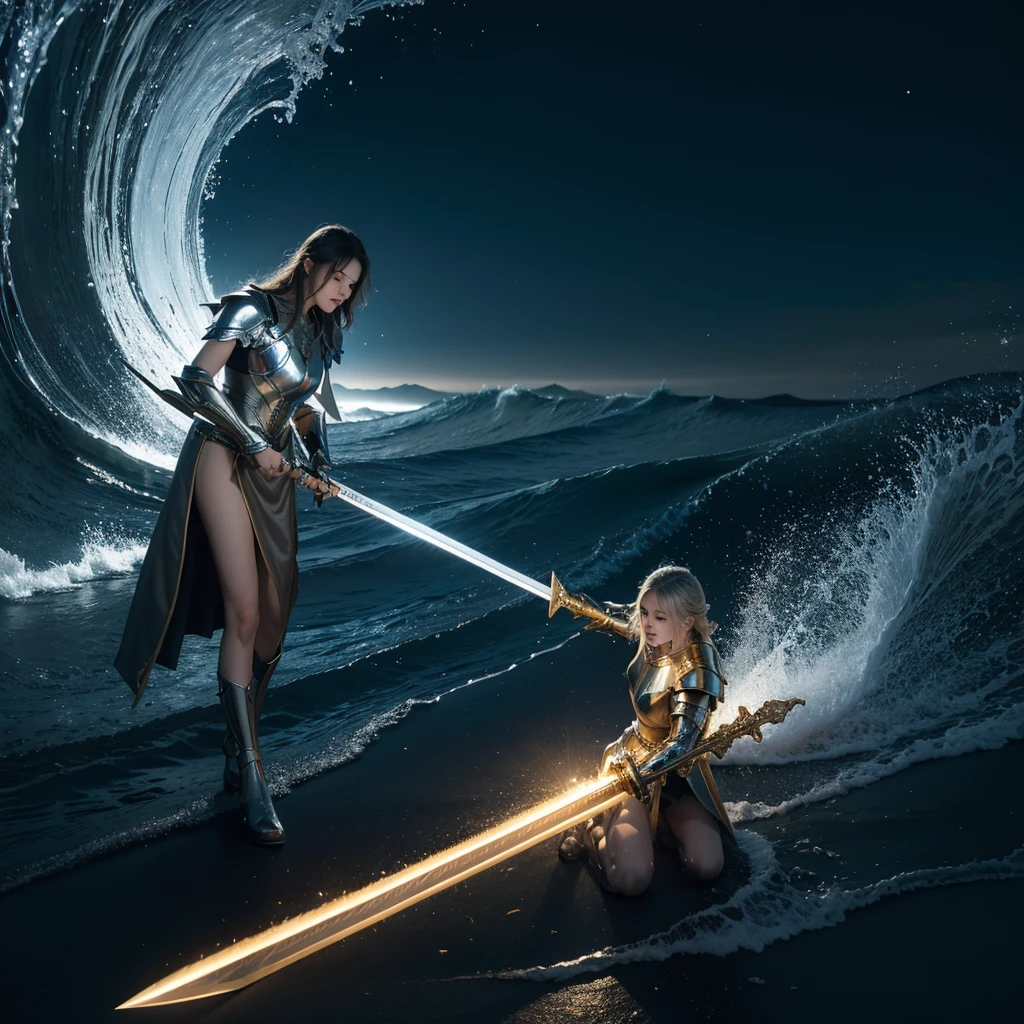 (masterpiece, Highest quality), Paladin with a sword imbued with light, The magic of light, Sacred, Wave, Silver and gold, 4K, dark cityscape, Fujifilm