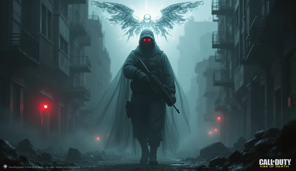Imagen de ghosth de calle of duty con un logo que diga KISS OF DEATH