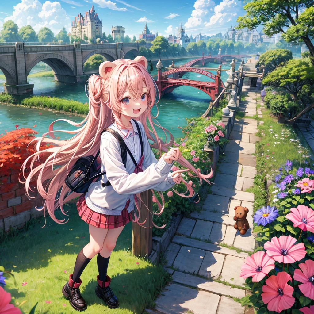 Pink Blonde、Red eyes、Wavy Hair、Hair tied up、Two cute、Checked mini skirt、black t-shirts、cardigan、Knee-high socks、bear ears baseball cap、Teeth are visible、Monster Castle、Tilting face、crossing the bridge、hazakura、windmill、grass、Stones are growing out of the ground.、A teddy bear is walking、Morning glory is blooming.、In front of the city gates、clock、Underground tunnels、Waterway、Small boat、Has carbonic acid