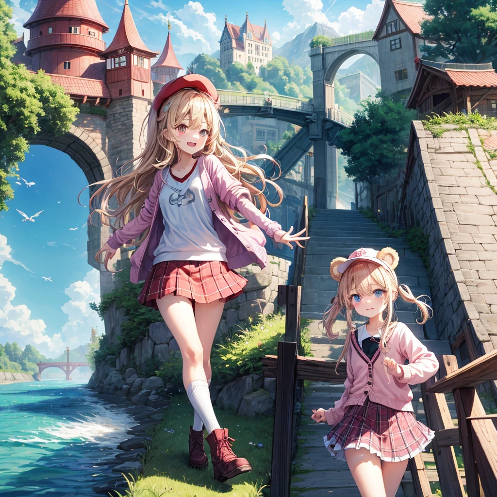 Pink Blonde、Red eyes、Wavy Hair、Hair tied up、Two cute、Checked mini skirt、black t-shirts、cardigan、Knee-high socks、bear ears baseball cap、Teeth are visible、Monster Castle、Tilting face、crossing the bridge、hazakura、windmill、grass、Stones are growing out of the ground.、A teddy bear is walking、Morning glory is blooming.、In front of the city gates、clock、Underground tunnels、Waterway、Small boat、Has carbonic acid