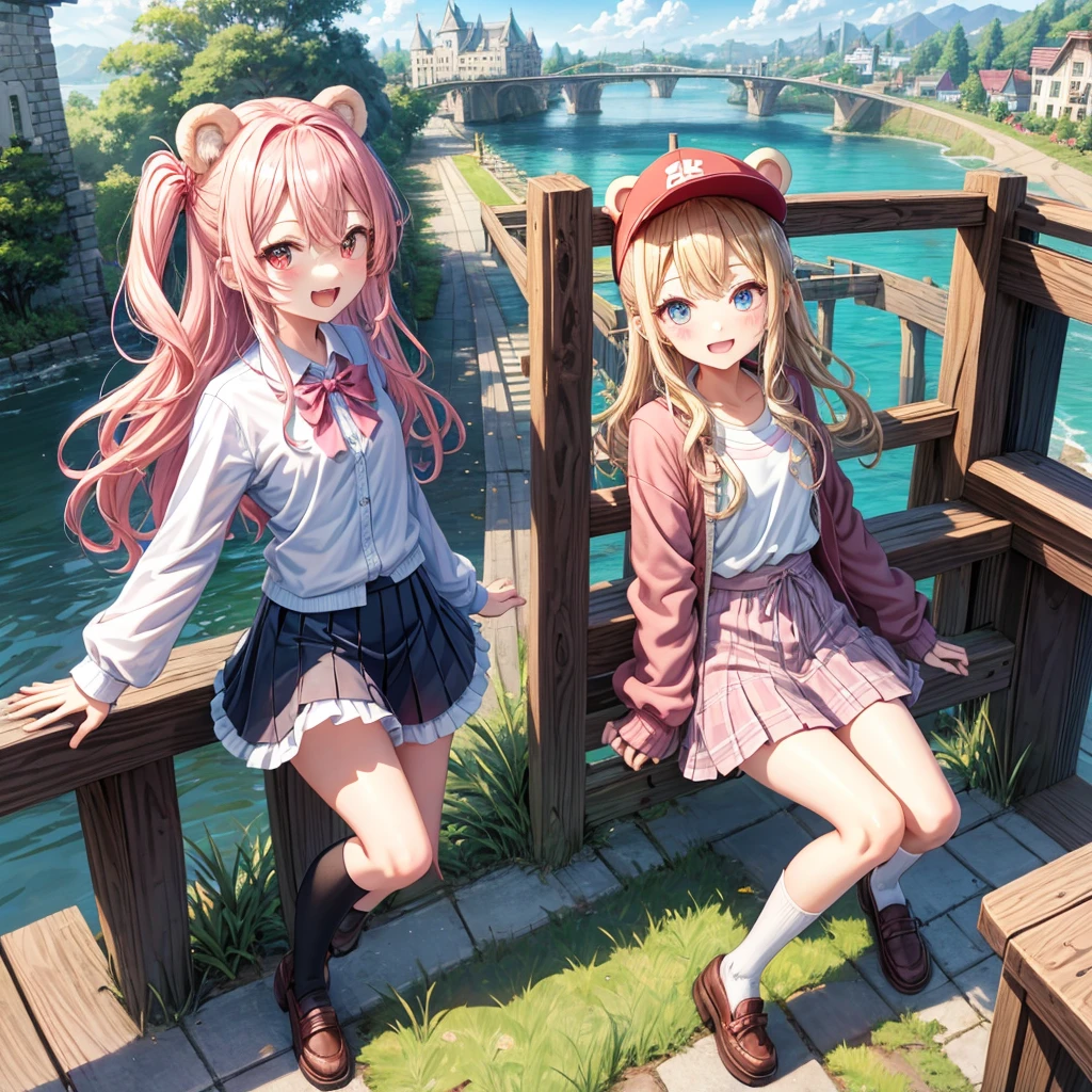Pink Blonde、Red eyes、Wavy Hair、Hair tied up、Two cute、Checked mini skirt、black t-shirts、cardigan、Knee-high socks、bear ears baseball cap、Teeth are visible、Monster Castle、Tilting face、crossing the bridge、hazakura、windmill、grass、Stones are growing out of the ground.、A teddy bear is walking、Morning glory is blooming.、In front of the city gates、clock、Underground tunnels、Waterway、Small boat、Has carbonic acid