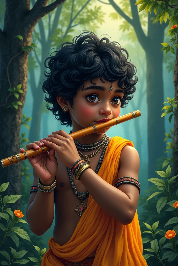 Lord blue krishna illustration front face view with bansuri in childhood with dark black and green combination background in forest