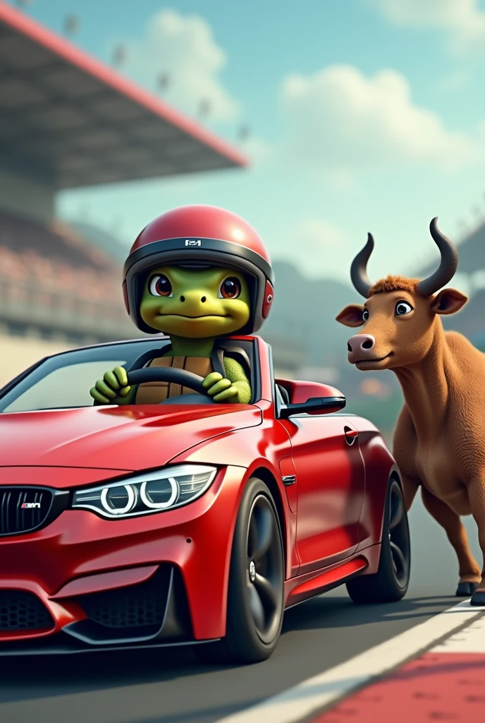 Turtle with helmet driving a cherry-colored BMW M4, and at his side, a young bull with car tools, and a racetrack in the background