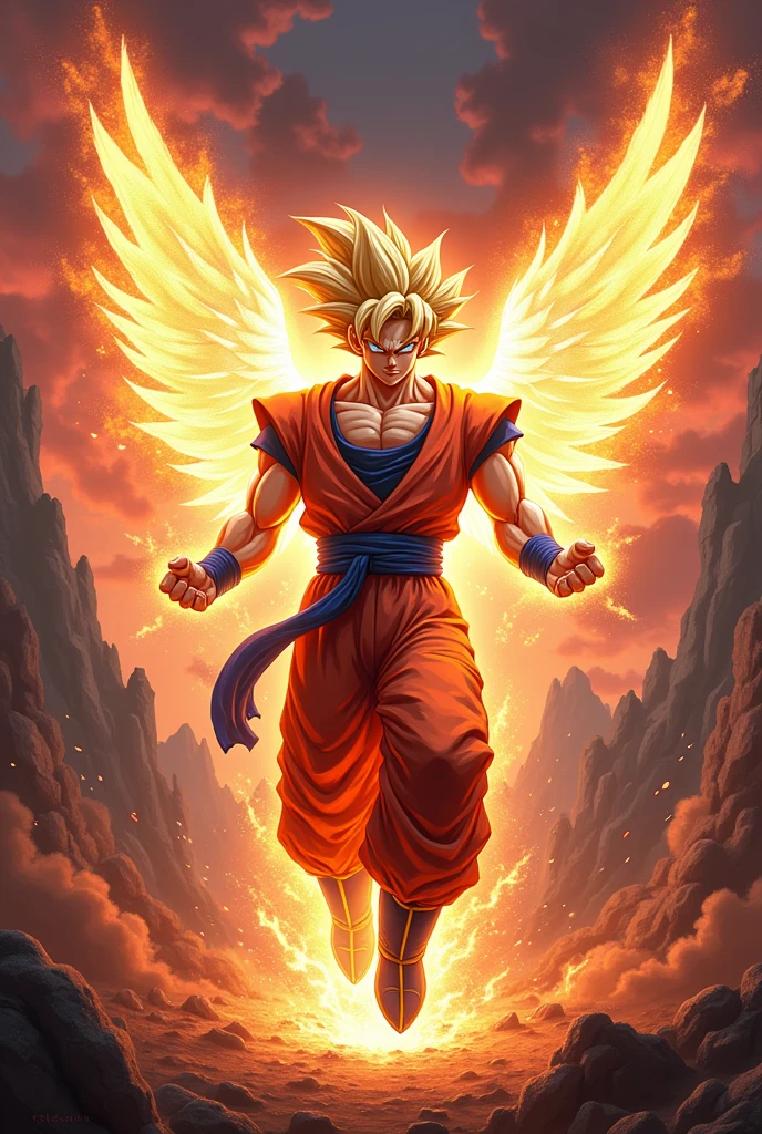 Master ultra instant aura Goku sexy body hell background Angel wings fighting pose reality