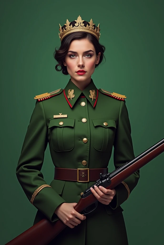 Full Front viewed, Military governor general standing with handed long shot gun, Female, King's crown on head , green uniform, plain green screen background
