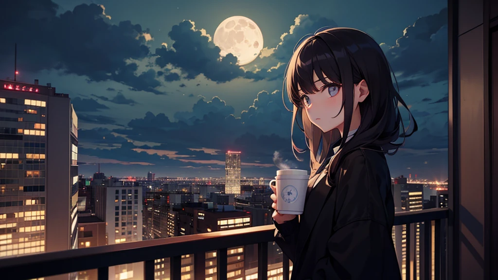 A Girl looking at the night view from the balcony of a high-rise apartment building. The woman has dark hair and holds a mug of coffee in one hand. In the distance are a residential area, the moon, and clouds.