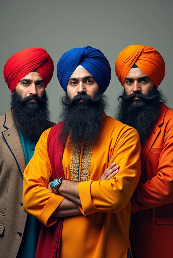 3 Punjabi boy with turban perfect full beard wearing formals posing red light in background