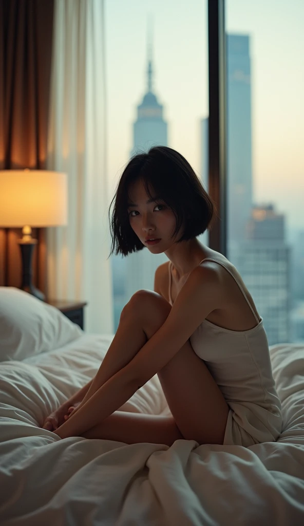 (Best quality, Japanese woman, 4, short black hair, (sitting on bed, legs spread:1.2), luxury city hotel room, soft lighting)
