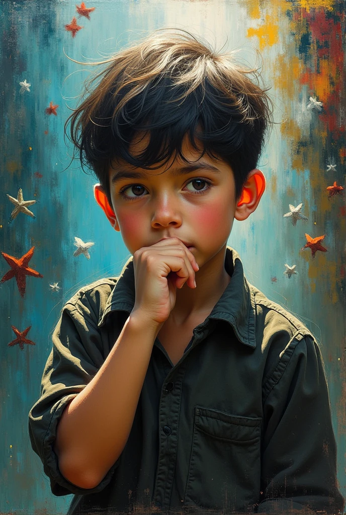 Create a figurative image of a painting of a quiet boy born in a noisy world, who doesn't speak but when he does, it is a wow. A contemplative scene where the boy's silence contrasts with the loudness around him. The background is intense, but the boy remains serene, almost blending into the calmness