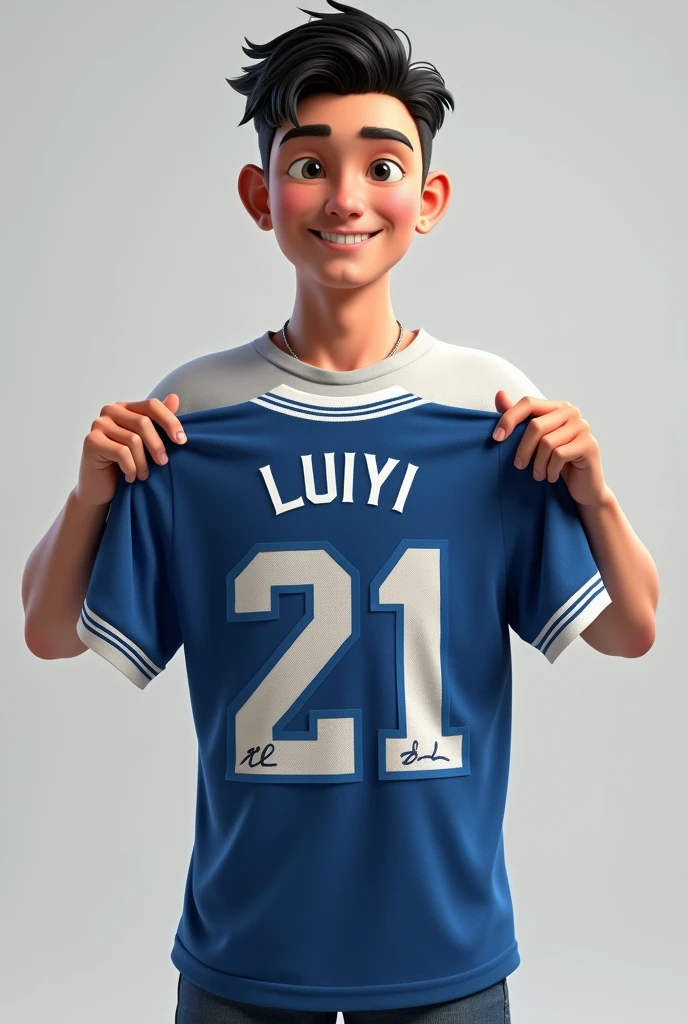 "Make a picture of Chris Pool holding the Clipper shirt in his hand ( that the last name of the shirt is LUIYI and the number of the shirt is 21