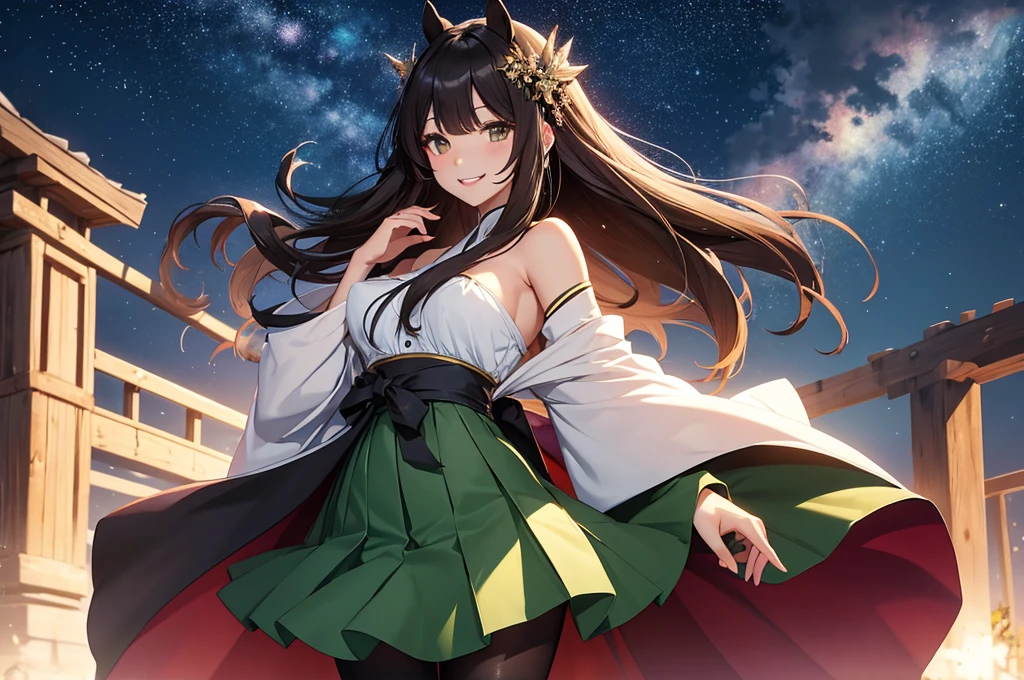 masterpiece、Highest quality、2D Anime、A beautiful horse、Touching head with both hands、Looking up、teeth、Dark lipstick、she is a mature woman、A hair ornament on the right side of her head、smile、White bangs、Brown Hair、Long Hair、Half Up、Dark brown eyes、Strapless and shoulderless dark green kimono、Dark green sleeves、skirt、pantyhose、Beautiful breasts、Starry Sky、Strong winds、Chest centered、From the knee up