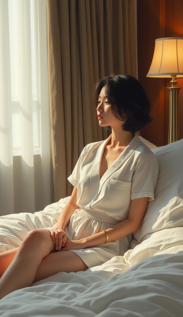 (masterpiece, 1girl, Japanese, 4, short black hair, (sitting pose), on bed, luxury hotel room, (relaxed expression))
