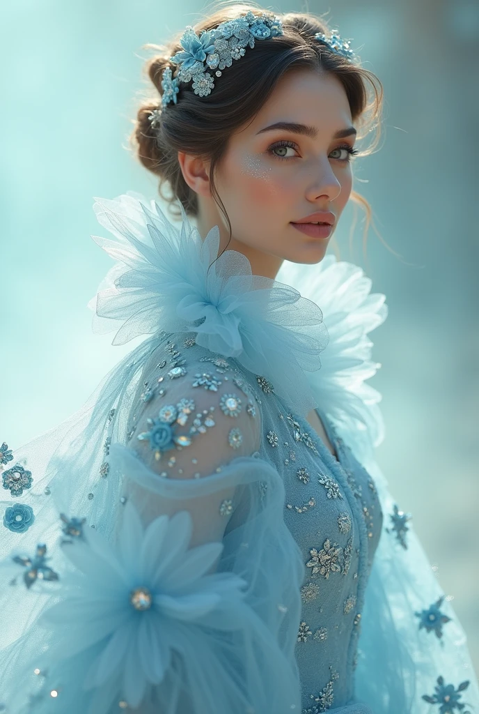 European woman model wearing delicate light blue floral rhinestone coat 