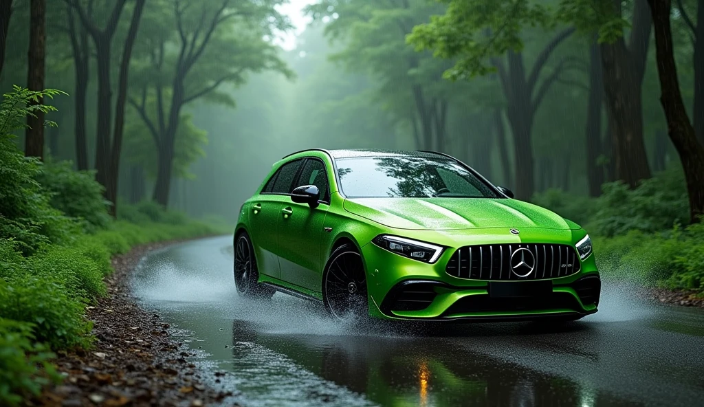 Mercedes benz amg a 200, green colour on the road of forest with rain