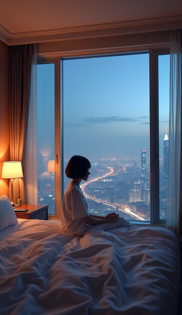(1girl, Japanese, 4, short black hair, (casual wear), sitting on bed, luxury city hotel room, (cozy lighting:1.3))