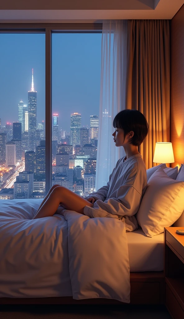 (1girl, Japanese, 4, short black hair, (casual wear), sitting on bed, luxury city hotel room, (cozy lighting:1.3))
