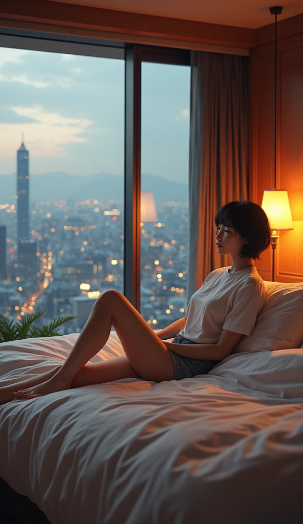 (1girl, Japanese, 4, short black hair, (casual wear), sitting on bed, luxury city hotel room, (cozy lighting:1.3))