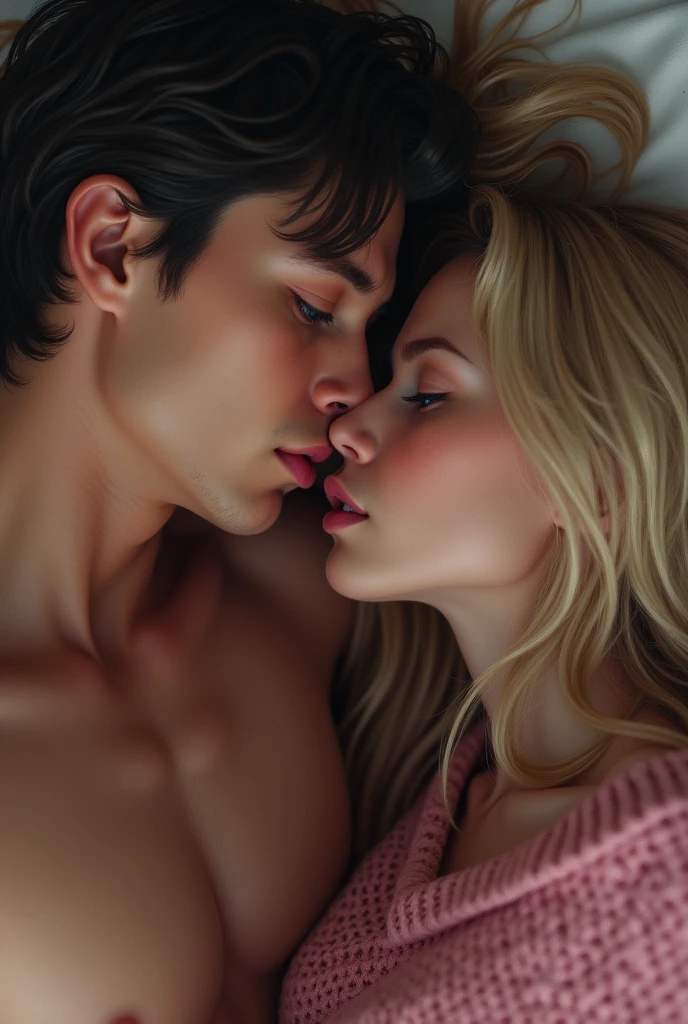 (BlowJobFullQuiron style), 1girl, long hair, blue eyes, blonde hair, 1boy, hetero, penis, solo focus, mole, sweater, lips, pubic hair, uncensored, erection, oral, fellatio, male pubic hair, realistic, pink sweater ,