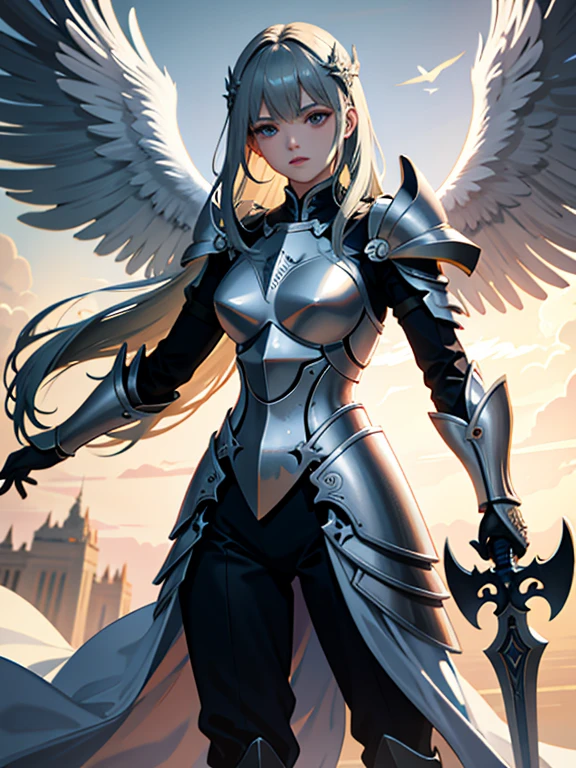 a powerful angel clad in celestial armor, holding a shield and sword, seven wings, ready for battle, detailed armor, epic, dramatic lighting, cinematic, fantasy, digital art, concept art, highly detailed, 8k, photorealistic, masterpiece