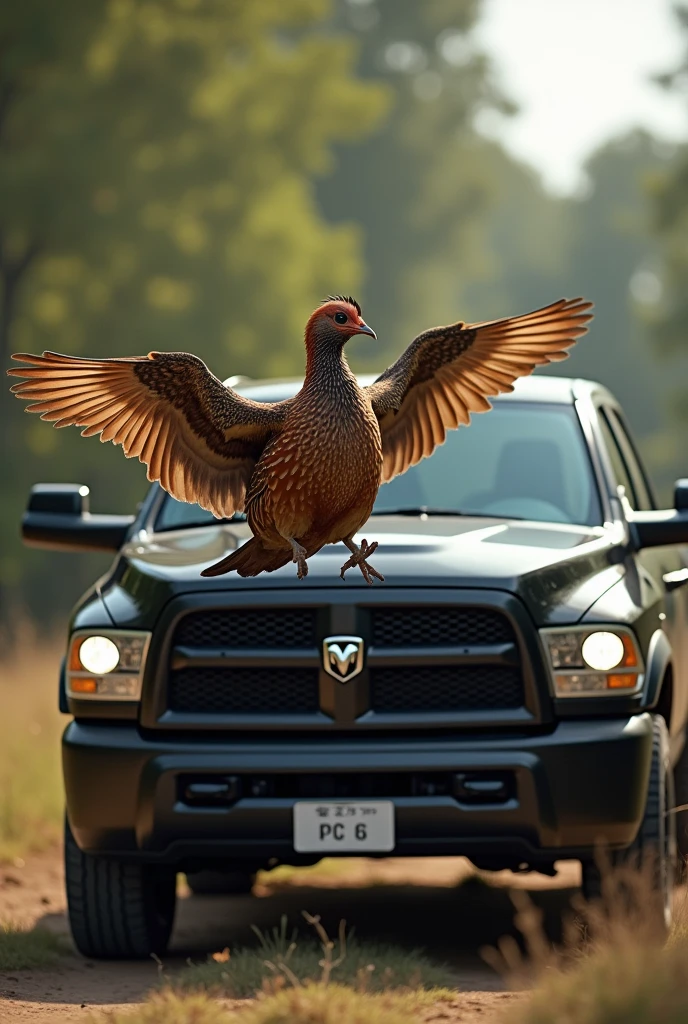 Make a Brazilian partridge (rhynchotus rufescens ) driving with the wings a black RAM 3500 the partridge driving with the wings inside the car but the image outside