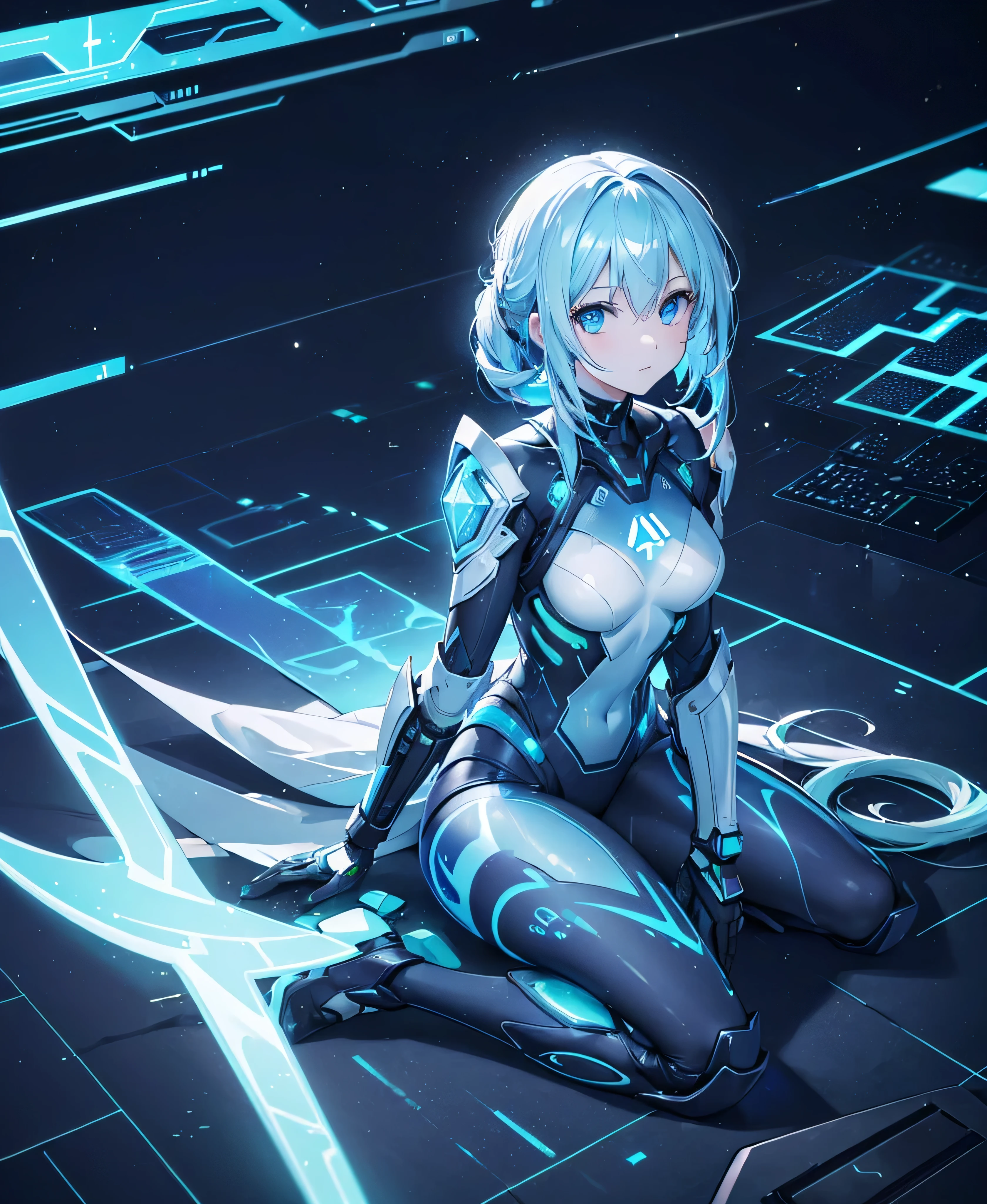 ((Holographic glow effect)),8k, Highest quality, (real:1.4), Original photo, 1 person, Asari Hair, Biological Amplifier, refined armor, posture: Peace talks between warring factions, smart blue eyes,whole body