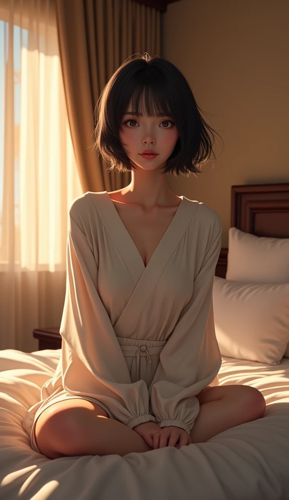 (Best quality, Japanese woman, 4, short black hair, (sitting on bed), luxury hotel room, (evening light:1.2), elegant atmosphere)