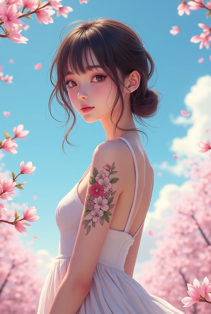 Girl , sakura , tattoo , sky, young ,tattoo on shoulder , tattoo