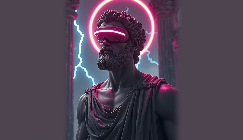 A hyper-realistic digital art of a Greek god-like figure wearing a virtual reality headset, standing in an ancient temple, surrounded by pillars, purple and pink lightning bolts crackling around, dramatic backlighting creating a neon halo effect, intricate details in the stone sculpture, futuristic and mythological fusion, high contrast, vivid colors, cinematic lighting, inspired by sci-fi and classical art, digital painting techniques, soft focus on the background, glowing elements --ar 16:9 --v 6.1