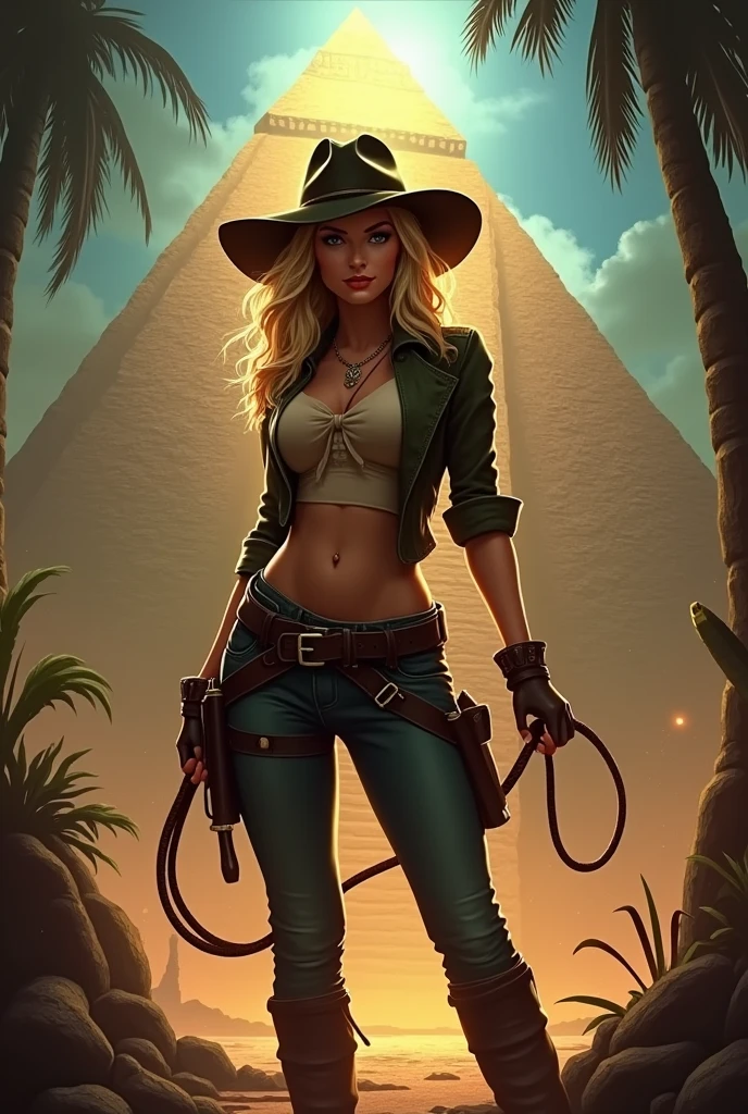 Film poster
Title: 'Chasseuse de Trésors' (Treasure Hunter)
Female: blonde, short hair
Role: sexy archaeologist
Silhouette: slim, sexy, adventure style
Big breasts
Big buttocks
Attire: fitted adventure outfit, with adventuress-style hat and whip in hand
Action: in front of a mysterious pyramid, surrounded by dangers and precious artifacts, ready to foil deadly traps.