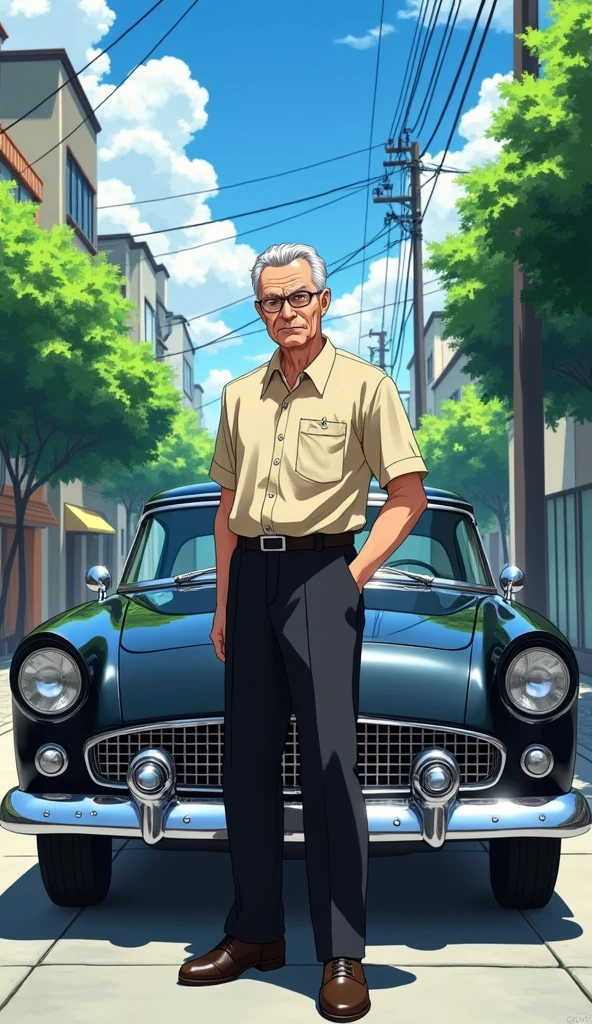 Create a highly detailed, realistic anime-style illustration of an elderly man standing confidently beside a classic black car in a small urban neighborhood. The man, with a stern expression, is dressed in a beige shirt tucked into black trousers, with a pocket watch hanging around his neck. His grey hair is slicked back, and he wears round glasses. The car is meticulously detailed with a glossy finish, reflecting the surroundings. The setting is a sunny day, with sharp shadows cast by the bright sunlight. The background features urban elements like power lines, buildings, and lush green trees, all rendered in a way that blends the realism of the environment with the stylized aesthetic of anime. The overall atmosphere should evoke a sense of nostalgia and respect for the character, capturing the essence of a well-lived life in a quiet, everyday setting."