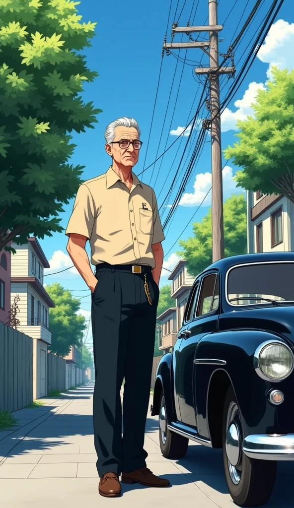 Create a highly detailed, realistic anime-style illustration of an elderly man standing confidently beside a classic black car in a small urban neighborhood. The man, with a stern expression, is dressed in a beige shirt tucked into black trousers, with a pocket watch hanging around his neck. His grey hair is slicked back, and he wears round glasses. The car is meticulously detailed with a glossy finish, reflecting the surroundings. The setting is a sunny day, with sharp shadows cast by the bright sunlight. The background features urban elements like power lines, buildings, and lush green trees, all rendered in a way that blends the realism of the environment with the stylized aesthetic of anime. The overall atmosphere should evoke a sense of nostalgia and respect for the character, capturing the essence of a well-lived life in a quiet, everyday setting."