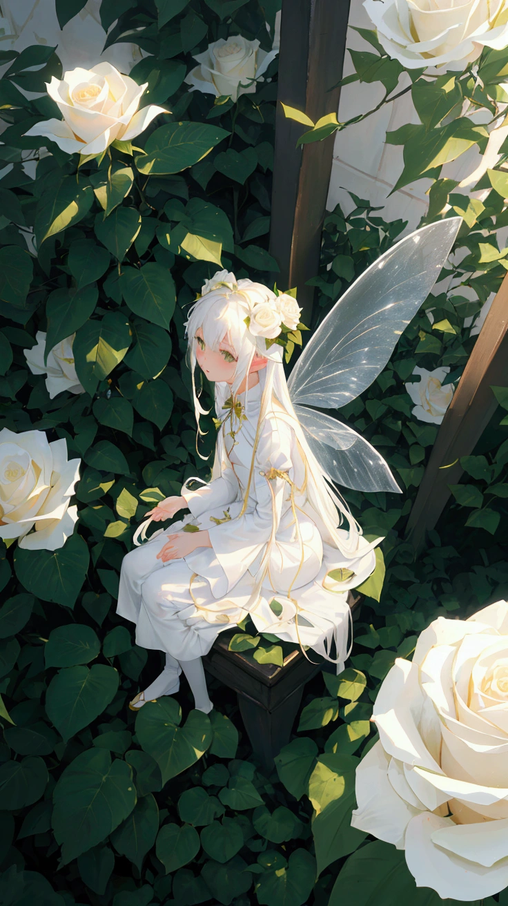 Close-up macro 2D rendering animation,A white fairy,With transparent wings and long golden hair,Sitting on top of white roses in the garden。Rose flower with many petals,in full bloom。The background is a lush green garden,There are more roses and plants。The image has an anime style,With maximum detail and high definition。Overall image illuminated by sunny morning light。