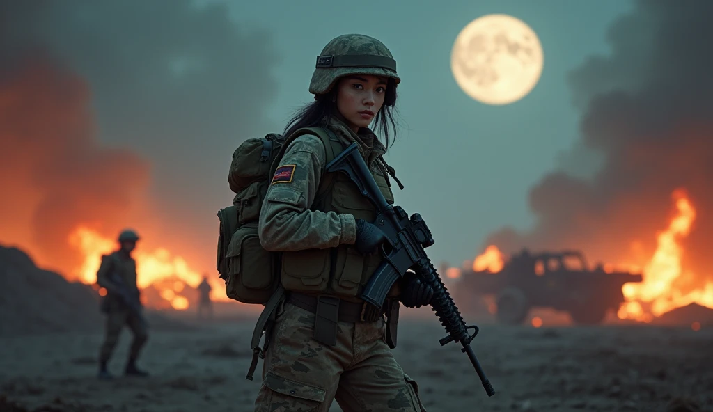 Photorealistic、Realistic skin texture、Automatic rifle、high resolution、High definition、Arabian-Japanese girl in camouflage uniform、Very beautiful 1 female soldier、Carrying a military backpack、Wearing a military helmet、Holding an M16 rifle、Wear a bulletproof vest、The background is a burning building、Smoky battlefield、The background is the night sky、Big full moon、The person is a full-body angle、Walking towards here、Watching the audience、