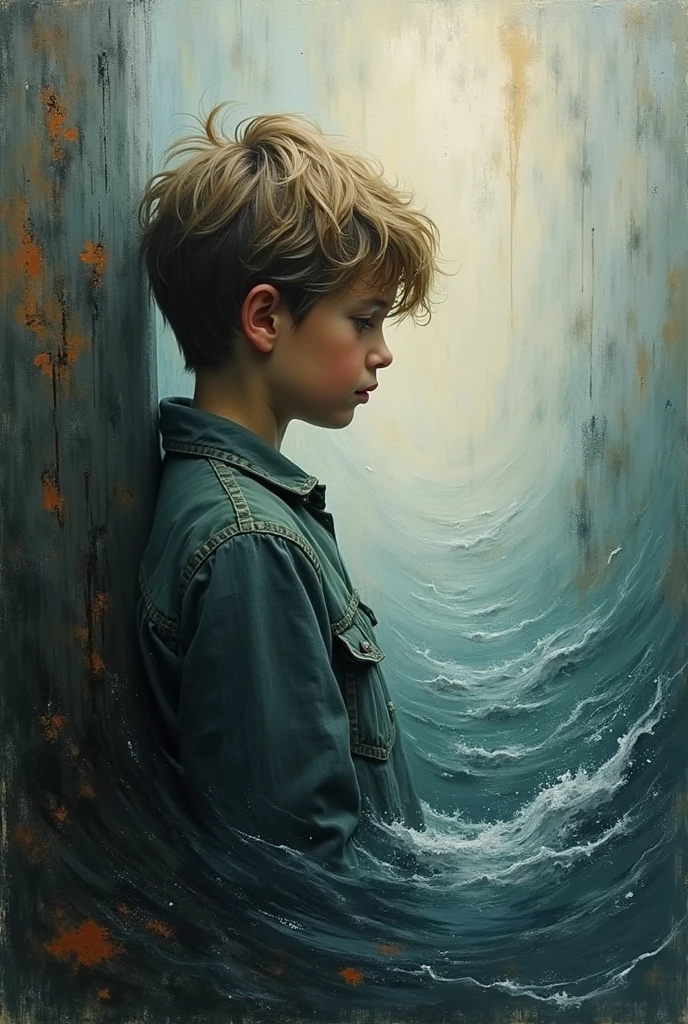 Create a figurative image for a painting of a quiet boy born in a noisy world, who doesn't speak but when he does, it is a wow. A contemplative scene where the boy's silence contrasts with the loudness around him. The background is intense, but the boy remains serene, almost blending into the calmness