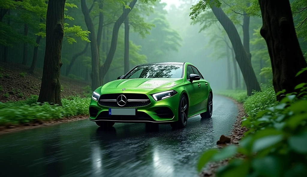 Mercedes benz a 200, green colour on the road of forest with rain