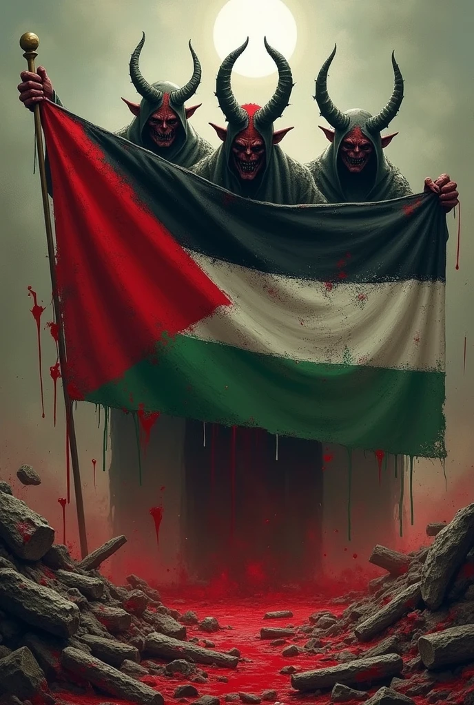 Drapeau palestinien plein de sang par le démon et le diable qui fait un génocide en Palestine