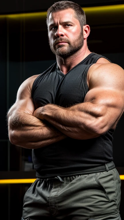 An award-winning original photo, A musclebear man, (40 years old daddy:1.1), 1 man, Solo, strongman, (wearing cargo pant and a black tanktop), (big shoulders), musculature, burly but strong physique, hairy, chubby and stocky, stubbles, Short beard, (Detailed body), (realistic eyes), looking at viewer, crossed arms, pout, lighting, (Best quality, A high resolution, Photorealistic), Cinematic lighting, Masterpiece, RAW photo, Intricate details, hdr, depth of field, (upper body shot), (realistic:1.4), from the front