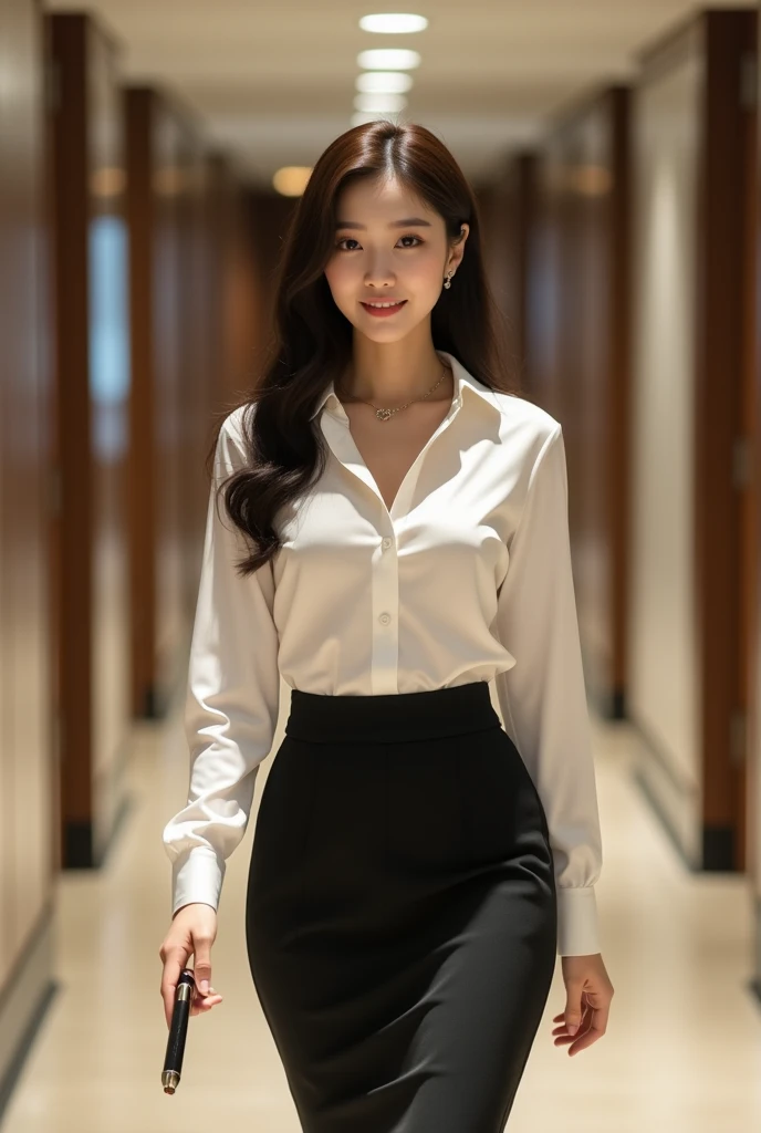 ultra - detailed、tmasterpiece、top-quality、超A high resolution、8k、high-level image quality、Live action、Photogenic clarity、A detailed eye、double eyelid,gradients、perfect anatomy body proportions ,hdd、nffsw , Nikon Z9 80mm Lens 、masutepiece、Beautiful female teacher, Skirts and thighs、20yr old、Take a walk along the hallway、office clothes, Wear a luxurious silk shirt, Young and beautiful girl, perfect body figure, perfect body figure, full pov, Perfect body, (Starting below:1.3), lewd poses,(huge tit:1.0), long sexy legs, (thigh gap:1.5),Wide buttock,Elegant slim beige blouse, Pretty Korean girl, Kpop idol,(Pale skin), (Big eyes),(ssmile:0.8),(Plump sexy lips), intricate detail face, ((ultra detailed skin)) Business clothes, Business attire, wearing shirt, Merchant, Flesh-colored stockings, cream colored blouse, Wear an ultra-thin shirt, silky garment, wearing business casual dress, dressed in a suit, business outfit, formal outfit、super detailing, realistic skin textures, Detail Make, Beautiful detail eyes, Makeup - makeup、Sparkling eyes、shiny lip、Skinny over-the-knee leather boots、Semi-body shot、S-shaped body, Upturned buttocks,