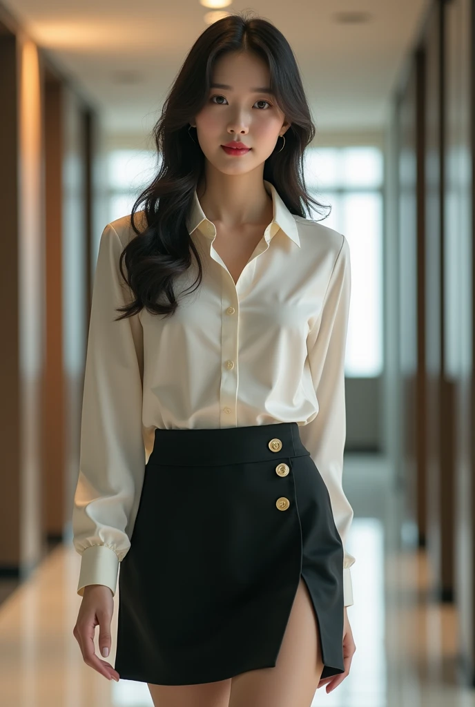 ultra - detailed、tmasterpiece、top-quality、超A high resolution、8k、high-level image quality、Live action、Photogenic clarity、A detailed eye、double eyelid,gradients、perfect anatomy body proportions ,hdd、nffsw , Nikon Z9 80mm Lens 、masutepiece、Beautiful female teacher, Skirts and thighs、20yr old、Take a walk along the hallway、office clothes, Wear a luxurious silk shirt, Young and beautiful girl, perfect body figure, perfect body figure, full pov, Perfect body, (Starting below:1.3), lewd poses,(huge tit:1.0), long sexy legs, (thigh gap:1.5),Wide buttock,Elegant slim beige blouse, Pretty Korean girl, Kpop idol,(Pale skin), (Big eyes),(ssmile:0.8),(Plump sexy lips), intricate detail face, ((ultra detailed skin)) Business clothes, Business attire, wearing shirt, Merchant, Flesh-colored stockings, cream colored blouse, Wear an ultra-thin shirt, silky garment, wearing business casual dress, dressed in a suit, business outfit, formal outfit、super detailing, realistic skin textures, Detail Make, Beautiful detail eyes, Makeup - makeup、Sparkling eyes、shiny lip、Skinny over-the-knee leather boots、Semi-body shot、S-shaped body, Upturned buttocks,