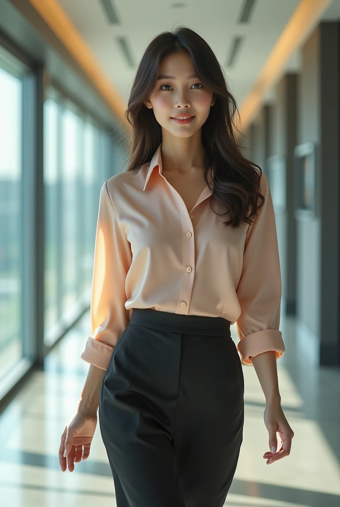 ultra - detailed、tmasterpiece、top-quality、超A high resolution、8k、high-level image quality、Live action、Photogenic clarity、A detailed eye、double eyelid,gradients、perfect anatomy body proportions ,hdd、nffsw , Nikon Z9 80mm Lens 、masutepiece、Beautiful female teacher, Skirts and thighs、20yr old、Take a walk along the hallway、office clothes, Wear a luxurious silk shirt, Young and beautiful girl, perfect body figure, perfect body figure, full pov, Perfect body, (Starting below:1.3), lewd poses,(huge tit:1.0), long sexy legs, (thigh gap:1.5),Wide buttock,Elegant slim beige blouse, Pretty Korean girl, Kpop idol,(Pale skin), (Big eyes),(ssmile:0.8),(Plump sexy lips), intricate detail face, ((ultra detailed skin)) Business clothes, Business attire, wearing shirt, Merchant, Flesh-colored stockings, cream colored blouse, Wear an ultra-thin shirt, silky garment, wearing business casual dress, dressed in a suit, business outfit, formal outfit、super detailing, realistic skin textures, Detail Make, Beautiful detail eyes, Makeup - makeup、Sparkling eyes、shiny lip、Skinny over-the-knee leather boots、Semi-body shot、S-shaped body, Upturned buttocks,