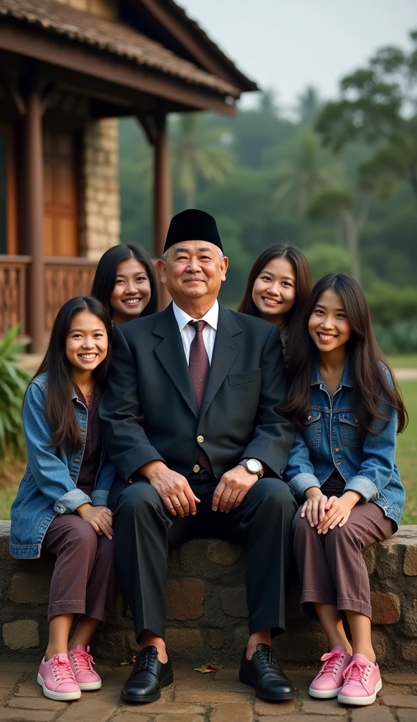 A 60 year old Indonesian man, wear a black Muslim cap, pakai jas dan dasi dan long pants, wearing leather shoes, sit down, smile facing the camera, Beside him there are 4 beautiful Indonesian women, the body is quite fat, fair skin, big nose, long wavy hair, wearing a denim jacket, long pants, wearing pink sneakers, sit down, happy face facing the camera, in front of the country house, evening atmosphere, minimal defects, very detail, realistic, 8K picture