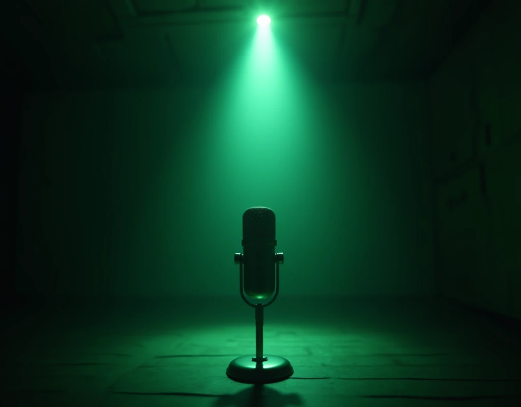 Make a dark room with a lamp above making it throw green light towards the floor, the light reveals a microphone
