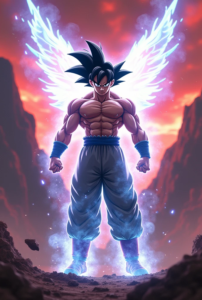 Master ultra instant aura Goku sexy body hell background Angel wings fighting pose kamehame