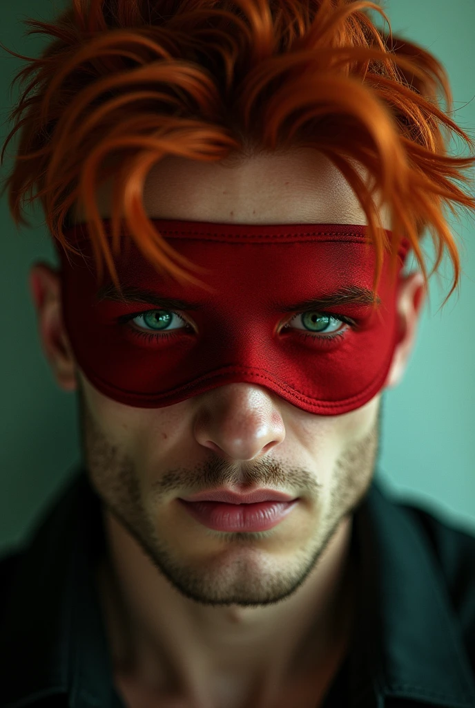 A handsome man with red hair, green eyes and green eyes. There&#39;s a red blindfold on his eyes, the atmosphere around is sensual.