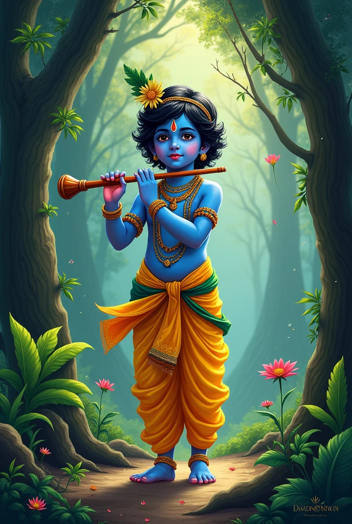 Lord blue krishna illustration front view standing position with bansuri in childhood with dark black and green combination background in forest