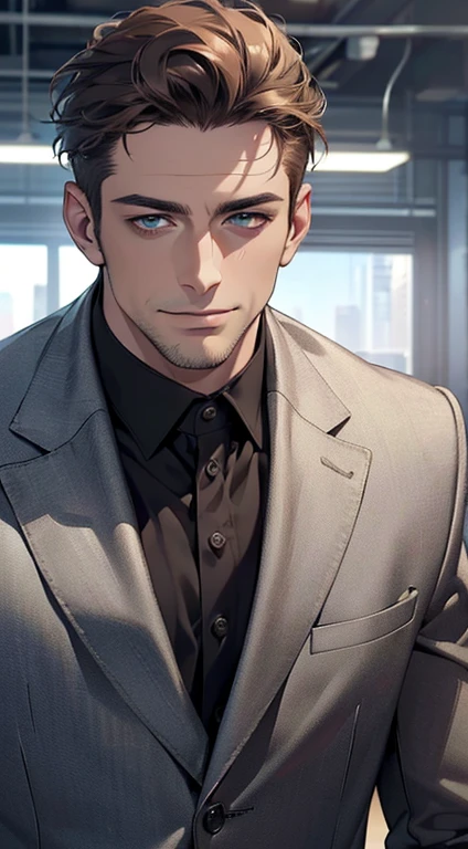 (best quality,4k,8k,highres,masterpiece:1.2),ultra-detailed,(realistic,photorealistic,photo-realistic:1.37),1 man,3,mature man,very handsome,without expression,smile,short grey brown hair,blue eyes,penetrating gaze,perfect face without errors,imposing posture,businessman,office background,cinematic lighting,hdr image