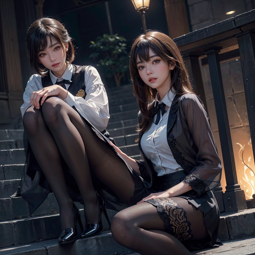 8K RAW Photos、High resolution、1 daughter、Layered Hair、Formal Shirt、Formal Skirt、smile、Long eyelashes、Beautiful double eyelids、eye shadow、Beautiful slim legs、(super Realistic pantyhose:1.3)、short hair、In front of the station at night、Stairs at night、Squat、Please sit down、Luxury High Heels、(Intricate details:1.4),(Realistic:1.4),Octane Rendering, 複雑な 3D レンダリングのVery detailed, Soft studio light, Rim Light, Sharp details, Very detailed, Realistic skin texture, Surface Details, Beautiful eyes in every detail, Highly detailed CG Unity 8K wallpapers, Compensate, (Detailed Background:1.2),