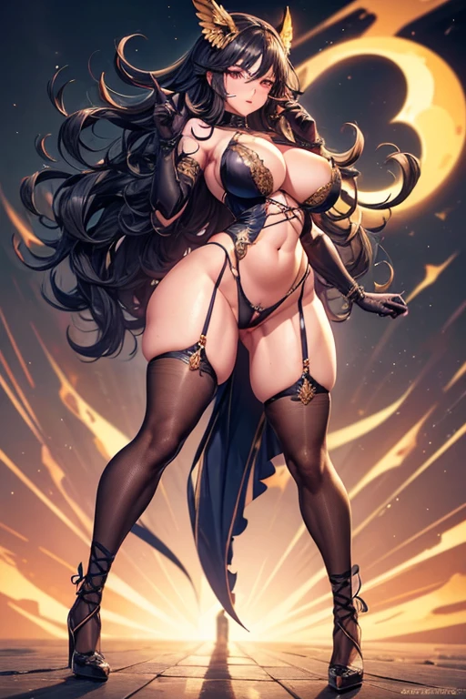 Woman, europe, (black wavy hair), (detailed hair), (perfect body proprtion), y legs, (perfect anatomy), 8k, (high quality), (high details), (defined lines), dynamic light, (full body wiev), (perfcet skin), , (round bre(bubble butt), (wiips:1.1), (slim waist:1.1), (thick thighs:1.1), (detailed face and eyes:1.2), hot standing up pose, (perfect feet), (heels with laces on the leg:1.1), (gloves with laces on the forearms:1.1), (detailed hand and finger:1.2), (medium breasts:1.2), , (deep cleavag), (labia outl, (hard teat:1.3