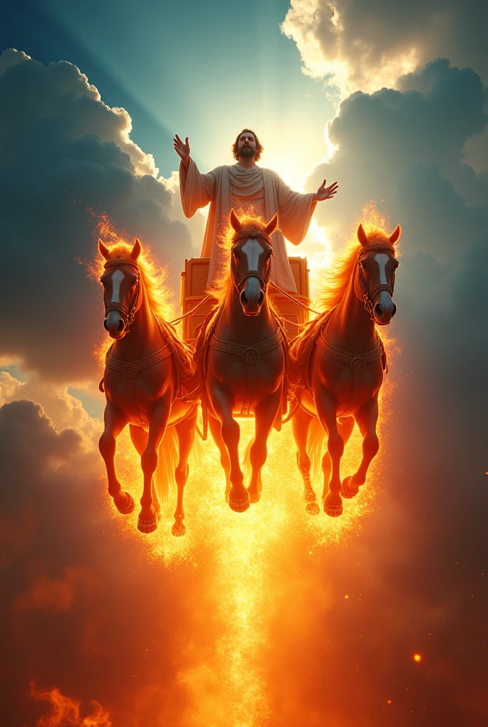 A captivating and visually stunning thumbnail for YouTube showing the prophet Elijah ascending to the heavens in a fiery chariot with horses. The scene is ultra-realistic, with dramatic contrast in the colors. The chariot and horses are ablaze with vibrant flames, surrounded by clouds with rays of divine light breaking through. Elijah is depicted with flowing robes as he ascends. The background includes a rich, deep blue sky with hints of orange and red from the flames, creating a strong contrast. Add an attractive and curiosity-inducing text overlay in bold, contrasting colors that draw attention. 8k